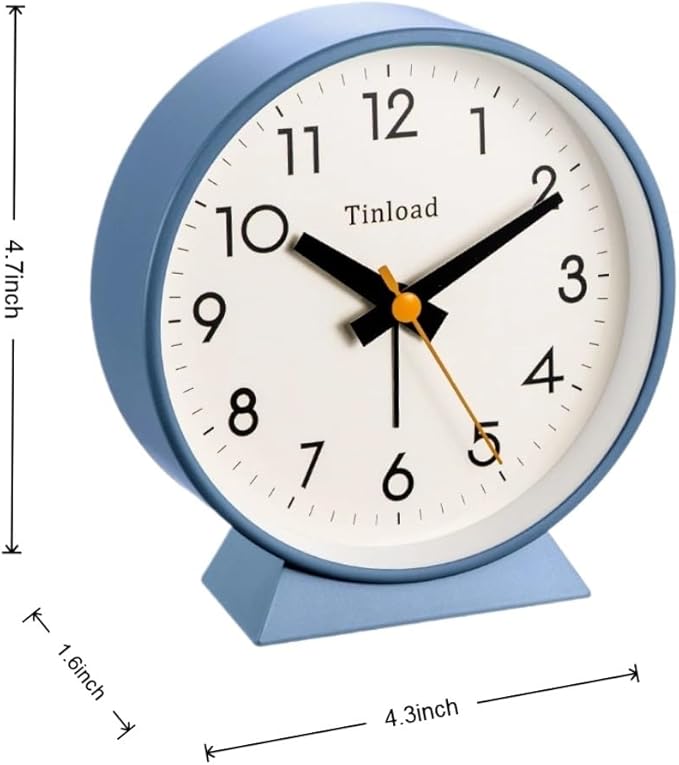 4.5" Battery Operated Analog Alarm Clock, Small Silent Bedside Desk Clock with Night Light, Blue