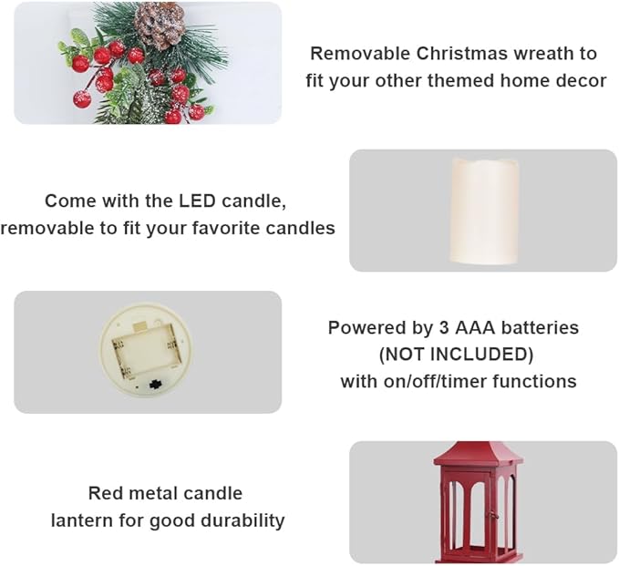 DECORKEY Christmas Decorations for Home, Decorative Christmas Lantern Indoor Outdoor Decor, Metal Hanging Candle Holder with Xmas Teardrop Wreath and LED Candle for Table Centerpieces, Patio (Red)