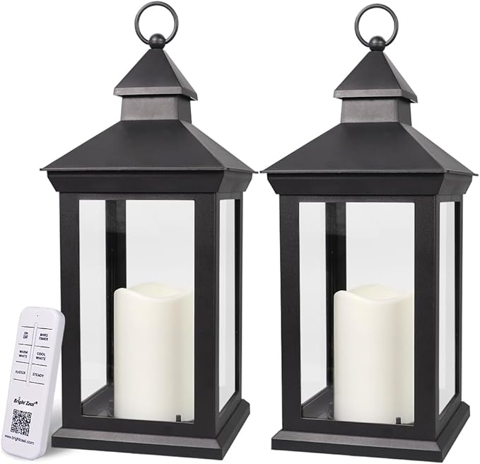 Bright Zeal 2-Pack 14" Candle Lanterns Outdoor Waterproof Decorative Lights with Timer Remote -Cool White Vintage Lantern Outdoor Decor