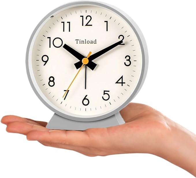 4.5" Battery Operated Antique Retro Analog Alarm Clock, Small Silent Bedside Desk Clock,Lighted on Demand, Battery Operated, Snooze, for Living Room, Bedroom, Bedside, Desk(Grey)