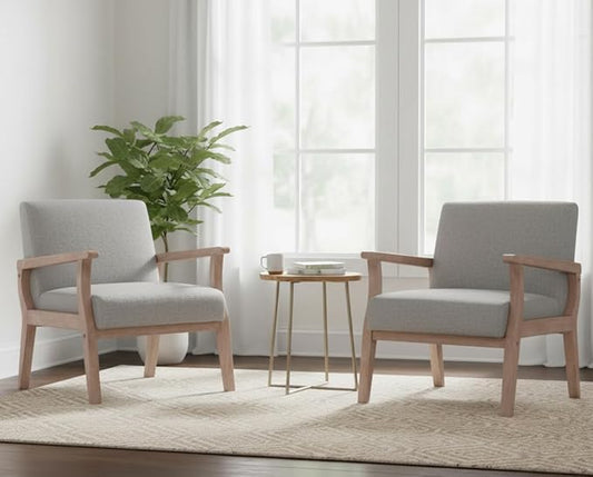 Mid Century Modern Accent Chair Set of 2, Linen Upholstered Living Room Accent Armchair with Wood Frame, Farmhouse Chair for Living Room Bedroom, Gray