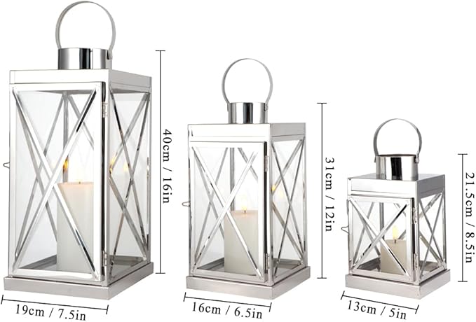 TRIROCKS Silver Stainless Steel Lantern Set of 3-Square Elegance 8/12/16 Inch Opulent Metal Candle Lanterns Candle Holder with Tempered Glass for Home Garden Indoor Outdoor Decor Celebratory Everyday