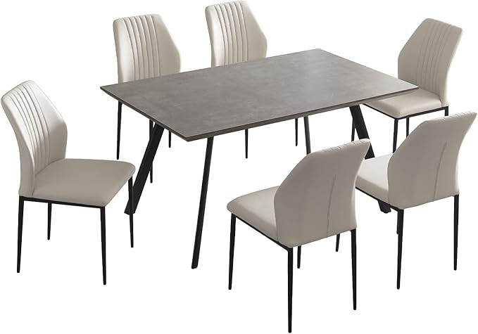 ZckyCine 59" Modern Dining Table Set for 6 Kitchen Dining Room Table Set Extendable Wood Dining Table and 6 Upholstered Chairs, Home Kitchen Furniture