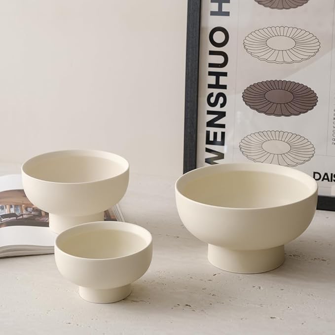 High-foot Deep Fruit Bowl, Ceramic Pedestal Decorative Bowl, Round Bowl for Salad, H3.38" × W5.5" Small Size, 17oz, Matte Crème