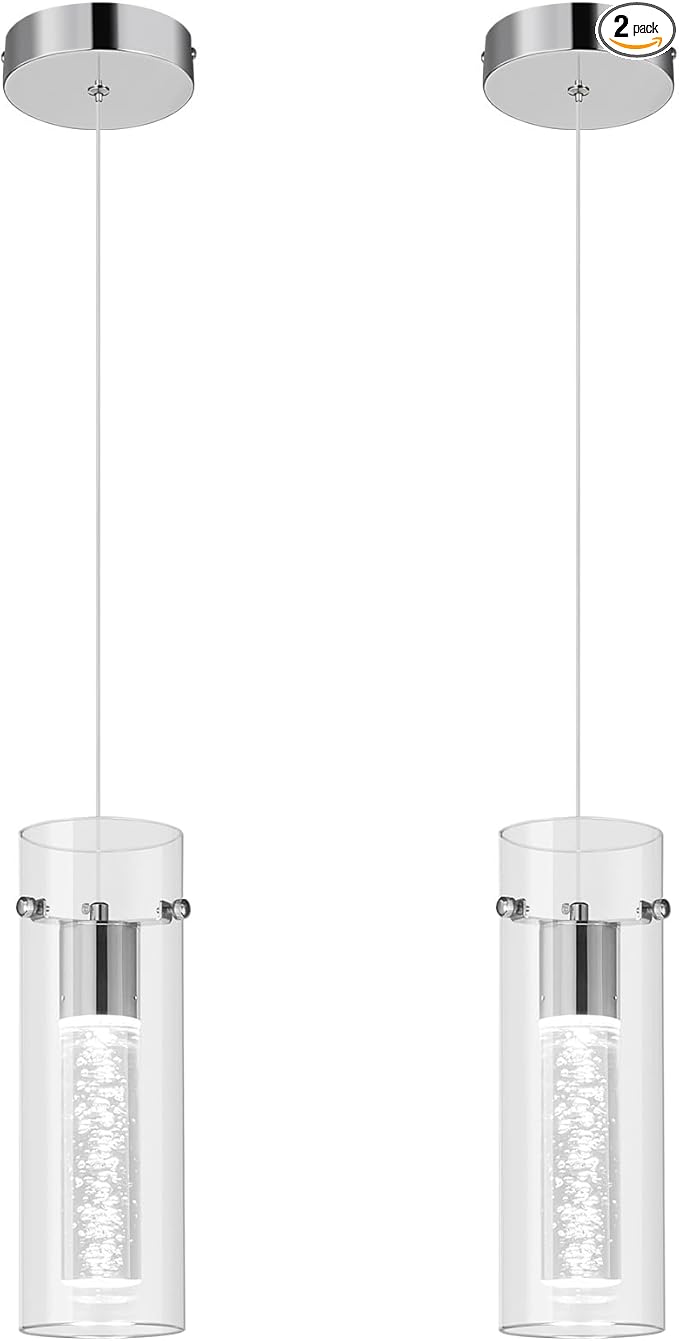 Pendant Ceiling Light Fixture for Kitchen Island, Chrome Pendant Light Integrated LED Hanging Light with Crystal Bubble Glass Pendant Light Modern Pendant Lights Kitchen Island (2-Pack)