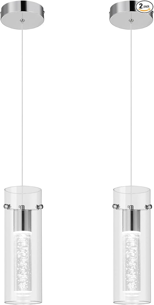 Pendant Ceiling Light Fixture for Kitchen Island, Chrome Pendant Light Integrated LED Hanging Light with Crystal Bubble Glass Pendant Light Modern Pendant Lights Kitchen Island (2-Pack)