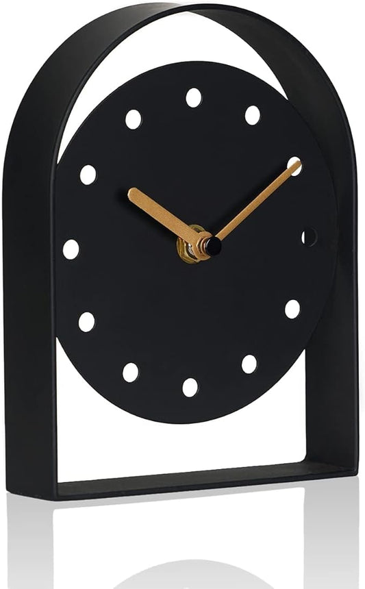 SOFFEE DESIGN One-Piece Tabletop Clock Arched Frame Without Scale Modern Minimalist Design, Desk Clock Battery Operated Non Ticking for Office Bedroom Living Room, Black