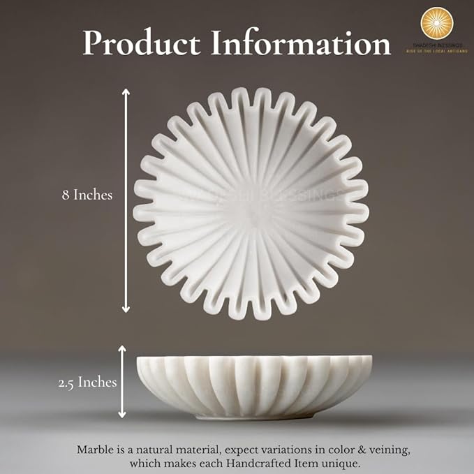 SWADESHI BLESSINGS HandCrafted Marble Ruffle Bowl/Antique Scallop Bowl/Fruit Bowl/Vintage Ring Dish/Decorative Flower Dish/HouseWarming Gift/Wedding Gifts/Urli (8 Inches)