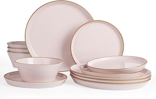 Famiware Saturn Dinnerware Sets, Plates and Bowls Sets for 4, 12 Pieces Stoneware Dish Set - Chip and Scratch Resistant, Microwave and Dishwasher Safe Tableware Set, Light Pink with Rim
