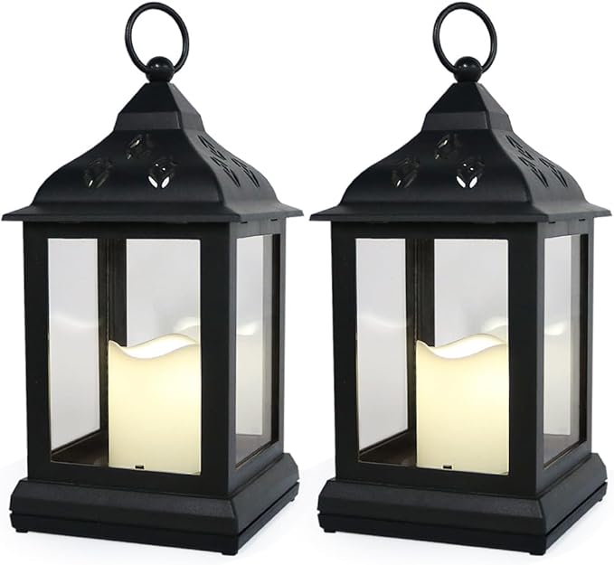 Bright Zeal 2-Pack 9.5" Vintage Decorative Candle Lantern with LED Flickering Flameless Candle (Black, 8hr Timer) - Indoor Hanging Lanterns Decorative Lanterns Battery Powered LED Candle Timer Candle