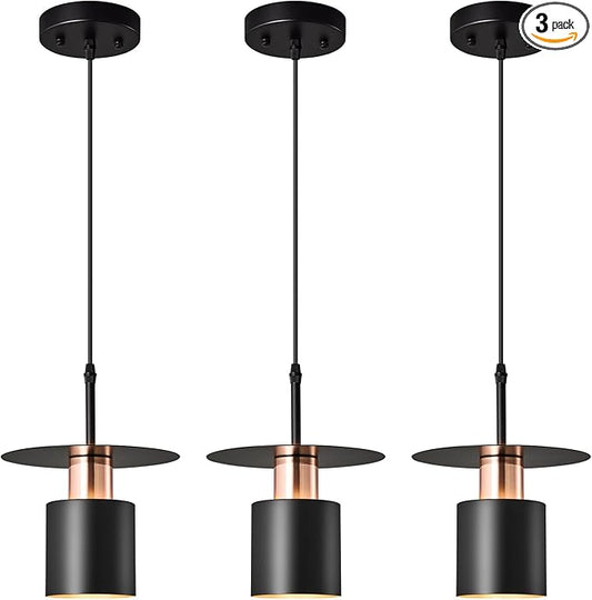 Black Pendant Light Fixture,Modern Hanging Lamp Adjustable Height, Industrial Ceiling Pendant Lighting for Kitchen Island Living Room, Bedroom, Hallway, Bar, Cafes(3-Pack)
