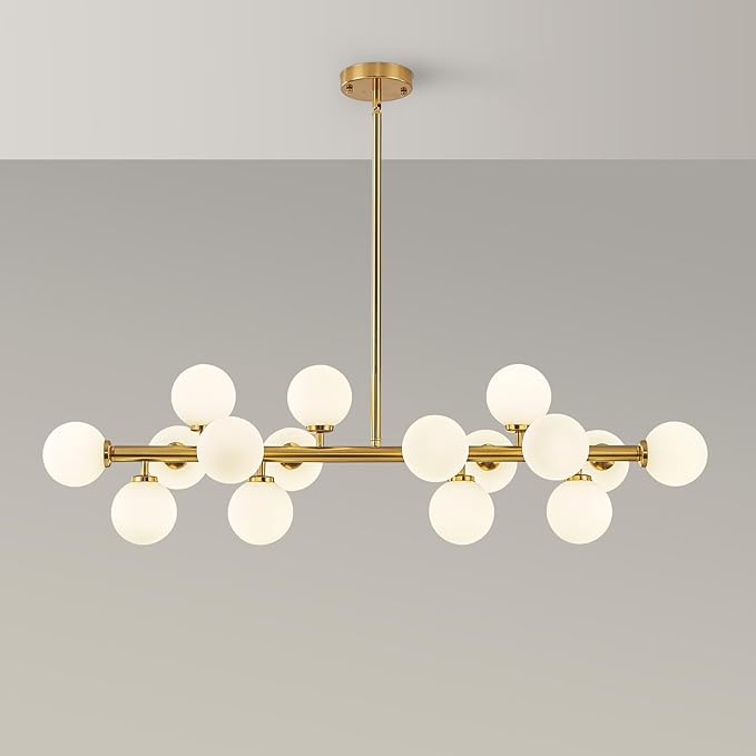 Glass Globe Sputnik Chandelier, 16-Light Mid Century Modern Light Fixture Over Table, Linear Chandeliers for Dining Room, Kitchen Island, Brass Gold and Milk White Bubble, 40 Inch, GC-02