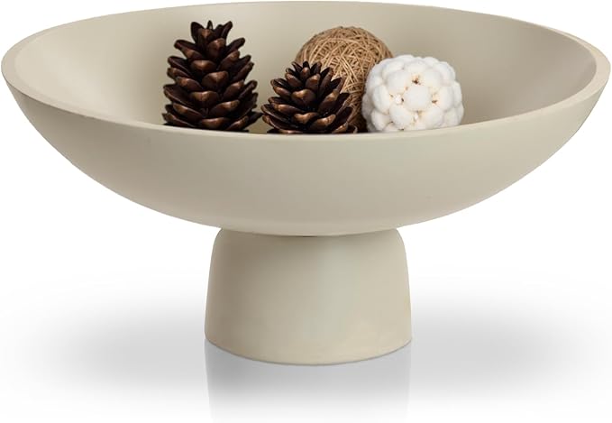 Large Decorative Fruit Bowl for Kitchen Counter - 11.8 Inch Handcrafted Resin Pedestal Bowls for Home Decor, Modern Key Purse Bowl for Entryway Table, Beige