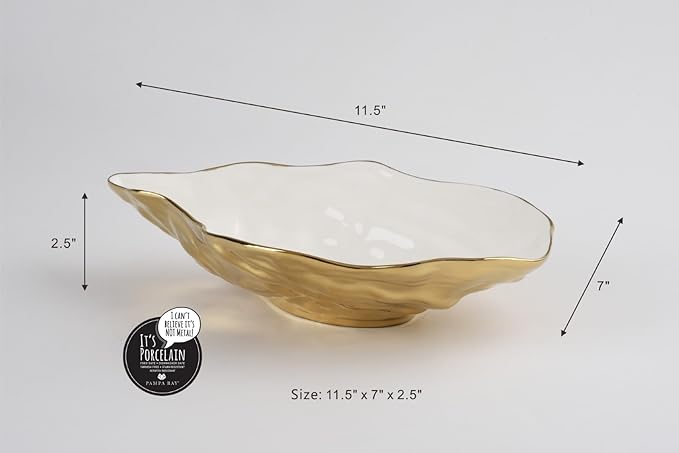 Pampa Bay Porcelain Medium Oyster Bowl, 11.25 x 7 Inch, White/Gold Tone, Oven and Dishwasher Safe