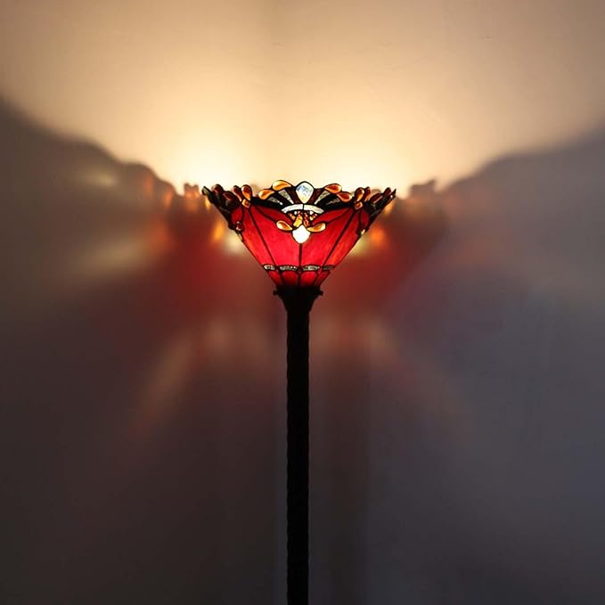 Bieye L10682 Baroque 67 inch Tiffany Style Stained Glass Torchiere Floor Lamp with 13 Inch Wide Handmade Lampshade, Metal Base with Dark Brown Baking Finish, Red