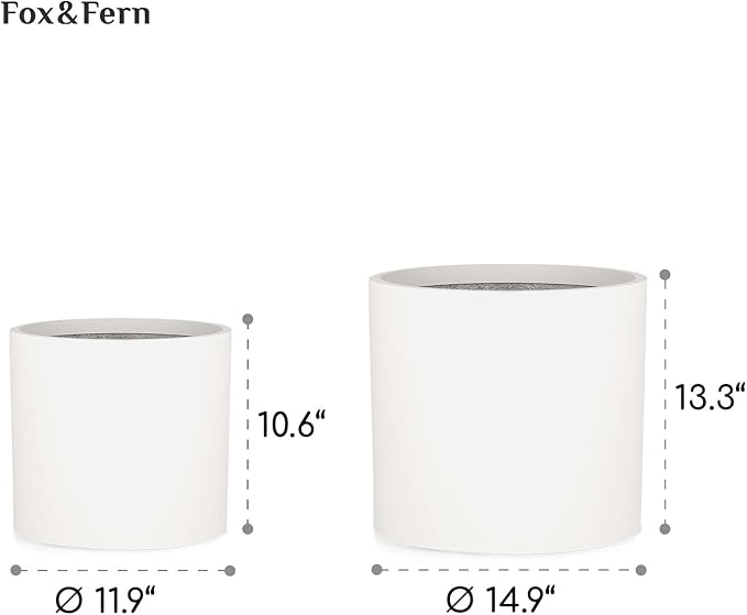 Fox & Fern 12" & 14.6" Large Planters (Set of 2) — Premium Lightweight Fiberstone Matte White Plant Pots with Drainage Plug; Extra Large Planters for Indoor & Outdoor; Weather Resistant & UV Resistant