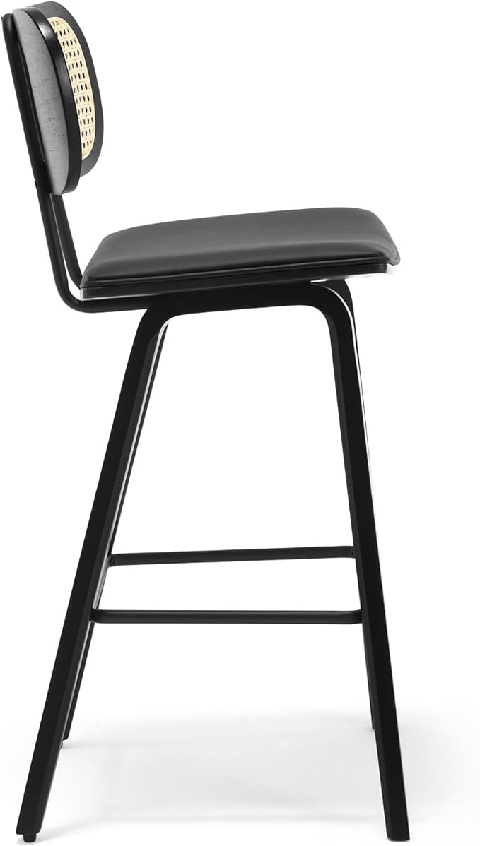 Counter Height Bar Stools, 26" PU Leather Upholstered Rattan Barstools, Mid Century Modern Bar Chairs with Black Wood Legs, Armless Walnut Kitchen Island Dining Bar Chair, Black