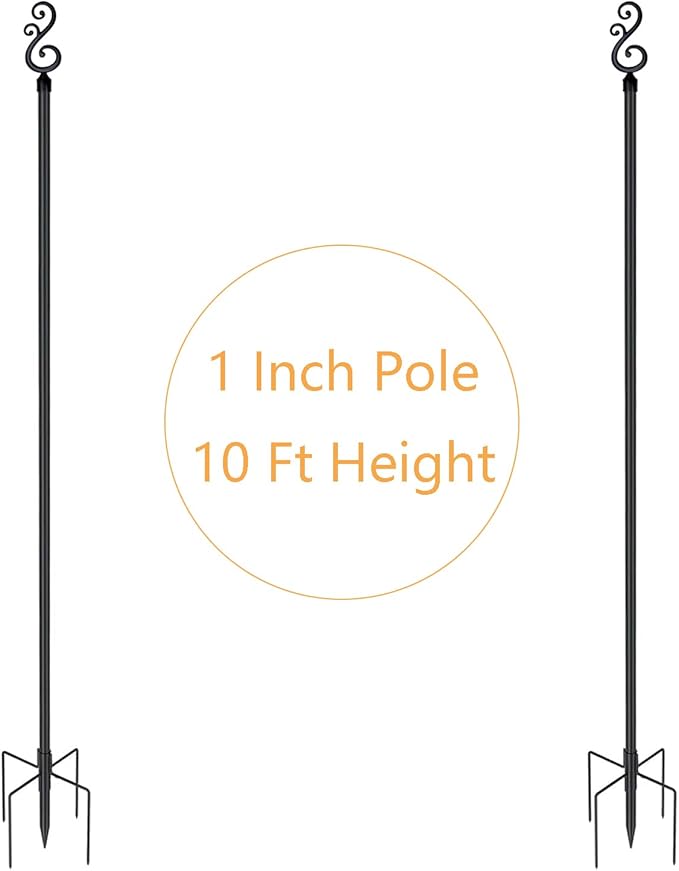 10 Ft Height 1 Inch Diameter String Light Poles StringLight Stand with Hooks Metal Poles for Outside Patio Yard Garden Backyard (10Ft Pole with Hooks, 2)