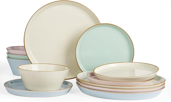 Famiware Saturn Dinnerware Sets, Plates and Bowls Sets for 4, 12 Pieces Stoneware Dish Set - Chip and Scratch Resistant, Microwave and Dishwasher Safe Tableware Set, Multi-color with Rim