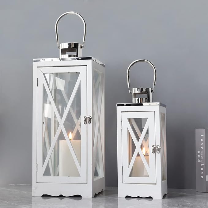 TRIROCKS Set of 2 Farmhouse Wood Lantern 17.5''&24.5'' Metal Decorative Outdoor Lantern with Tempered Glass Rustic Candle Holder for Thanksgiving Christmas Patio Garden Indoor Outdoor(White Rectangle)