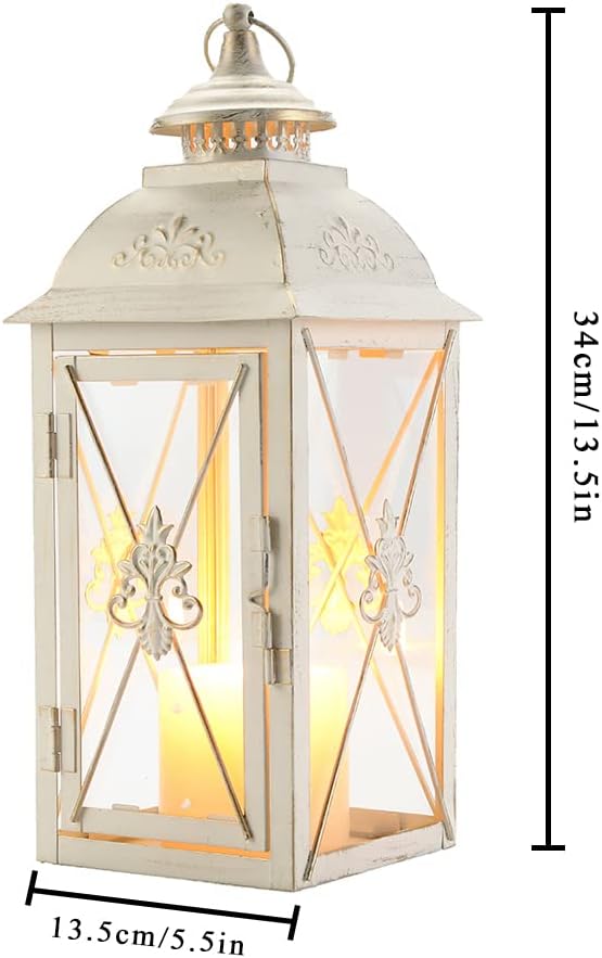 TRIROCKS Elegant Vintage Lantern - Decorative 13.5'' Metal & Glass Candle Holder - Perfect for Indoor & Outdoor Use, Patio, Garden, Parties - Sophisticated White & Gold Brushed Finish