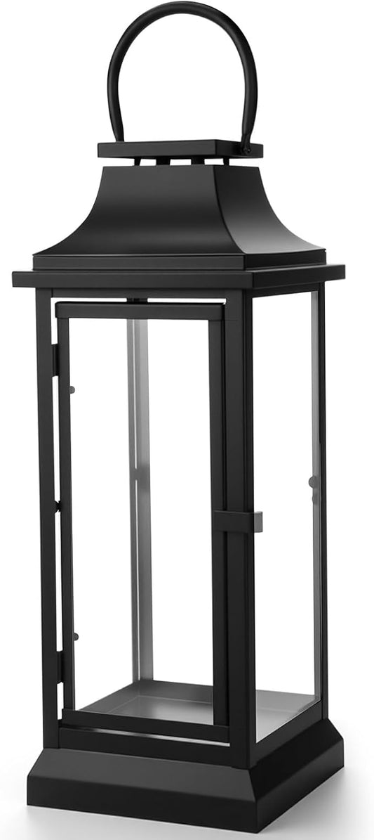 Nuogo 25 Inch Large Metal Lanterns with Glass Panels Black Hanging Vintage for Table Porch Home Party Decor Gift Indoor Outdoor, Candle Not Includes