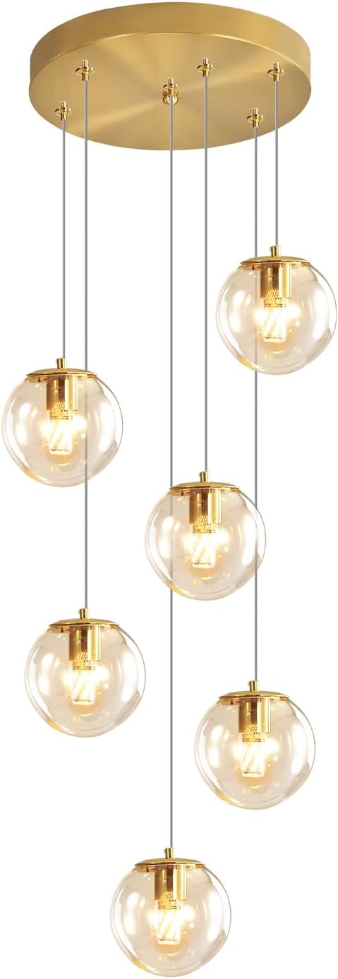 H 87in Modern Glass Globe Chandelier 6-Lights Pendant Light for Staircase Mid Century Globe Chandelier Clear Glass Hanging Lighting for Living Room Bedroom Entryway