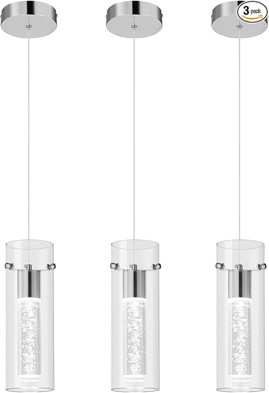 Pendant Ceiling Light Fixture for Kitchen Island, Chrome Pendant Light Integrated LED Hanging Light with Crystal Bubble Glass Pendant Light Modern Pendant Lights Kitchen Island (3-Pack)