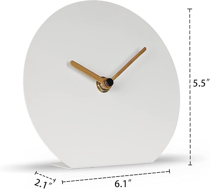 SOFFEE DESIGN 6'' One-Piece Table Clocks Without Scale Modern Minimalist Style Decoration, Iron Silent Quartz Desk Clock Creative Ornaments, Battery Operated Non Ticking for Home, White