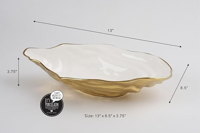 Pampa Bay Porcelain Large Oyster Bowl, 13.25 x 8.25 Inch, White/Gold Tone, Oven and Dishwasher Safe