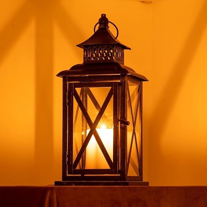 DECORKEY Lantern Decorative Indoor & Outdoor, 2 Pack Large Hanging Candle Lanterns Home Decor, Vintage Metal Candle Holders for Front Porch Patio Wedding Party, Halloween Christmas Decorations (Black)