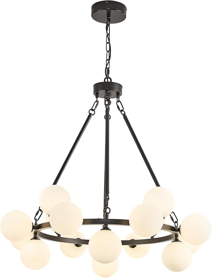 Modern Bubble Chandelier,Mid Century Milk Glass Pendant Light 31.5",Round Sputnik Chandeliers with Glass Globes,Globe Chandeliers for Dining Room,Kitchen Island,Living Room,Bedroom,16 Lights