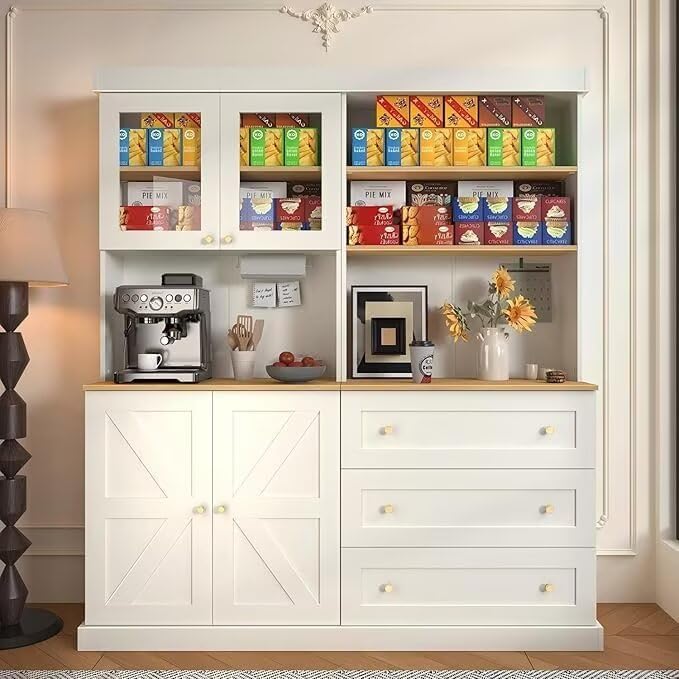 71" Farmhouse Kitchen Pantry Cabinet Set of 2, White Freestanding Coffee Bar Hutch with Glass Doors, Drawers & Adjustable Shelves, Large Storage Cabinet with Microwave Stand for Living Room & Kitchen