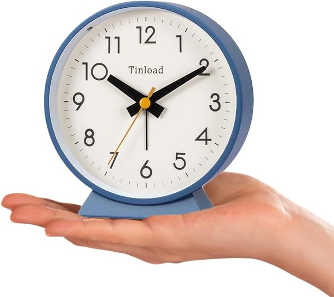 4.5" Battery Operated Analog Alarm Clock, Small Silent Bedside Desk Clock with Night Light, Blue