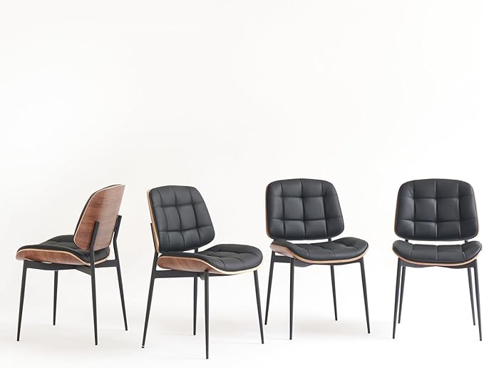 Mid Century Modern Dining Chairs with Walnut Grain Back, Black Faux Leather Dining Room Chairs Set of 2, Checkered Soft Cushion Kitchen Chairs with Adjustable Foot Pads