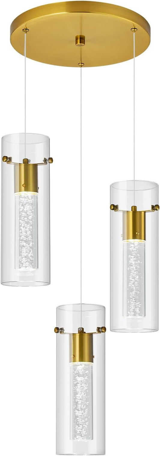 Pendant Ceiling Light Fixture for Kitchen Island, Gold Pendant Light Integrated LED Hanging Light with Crystal Bubble Glass Pendant Light Modern Pendant Lights Kitchen Island (3-Light)