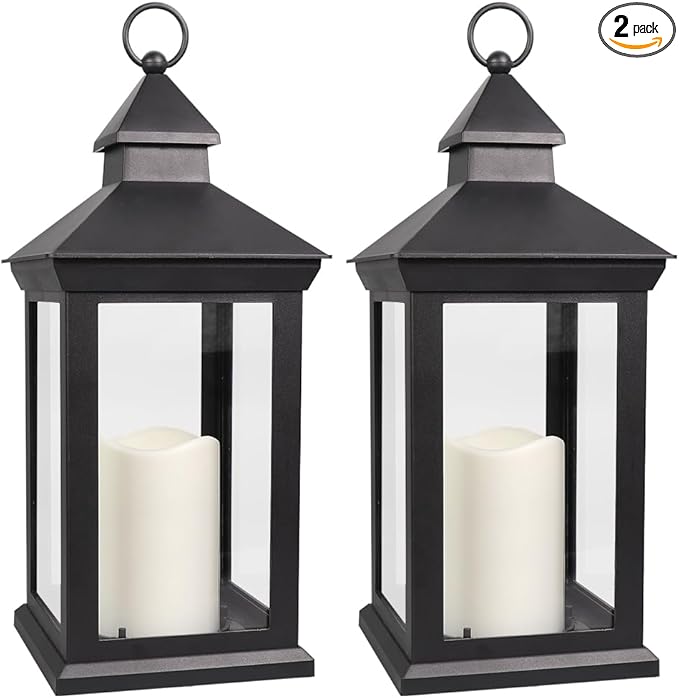 Bright Zeal 2-Pack 14" Candle Lanterns Outdoor Waterproof Decorative Lights with Timer - Cool White Decorative Indoor LED Lanterns Battery Operated