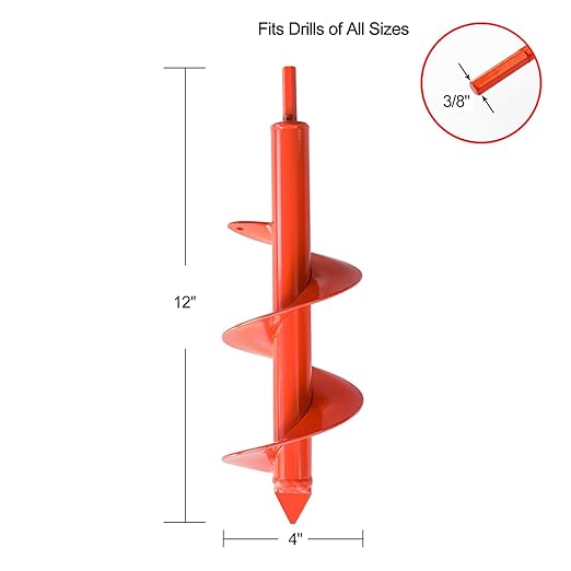 Auger Drill Bit for Planting 4"(D) x12(L), Garden Ground Earth Spiral Drill Bit for 3/8" Hex Drive Drill, for Post Hole Digger Bulb Bedding Digging Plant Rapid Planter