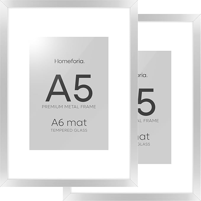 Homeforia A5 Picture Frame Silver, High End Metal 5.8 x 8.3 Frame Matted to 4.1 x 5.8 Art, A5 Frame with Mat A6, 5.8x8.3 Poster Frames, 8.3x5.8 Size Display Frames, Tempered Glass, Wall Kit, Set of 2