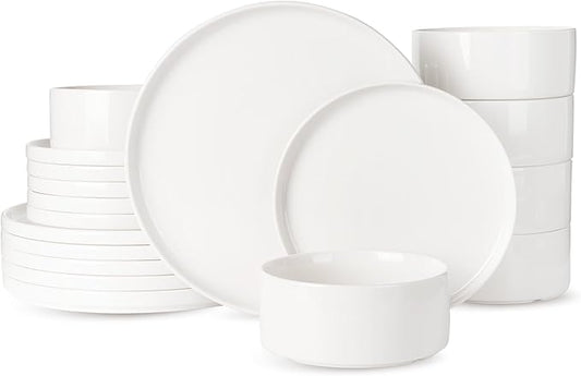Famiware Porcelain Dinnerware Set, 18-Piece Modern Plate and Bowl Set, dish set for 6, Microwave and Dishwasher Safe Tableware, White