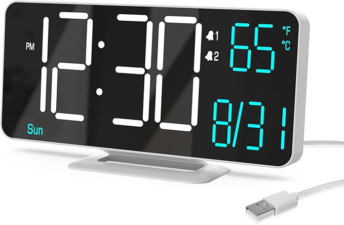 KOSUMOSU Digital Alarm Clocks 6.7in Small Digital Clock for Bedroom,Auto Dimming,Dual Alarm, Date, Seconds, Day of Week, Indoor Temperature,Desk Clock for Classroom,LED Clocks for Living Room