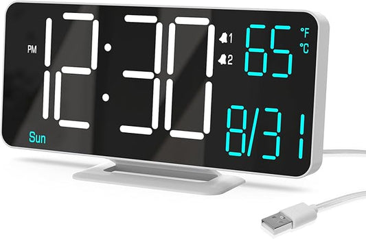 KOSUMOSU Digital Alarm Clocks 6.7in Small Digital Clock for Bedroom,Auto Dimming,Dual Alarm, Date, Seconds, Day of Week, Indoor Temperature,Desk Clock for Classroom,LED Clocks for Living Room