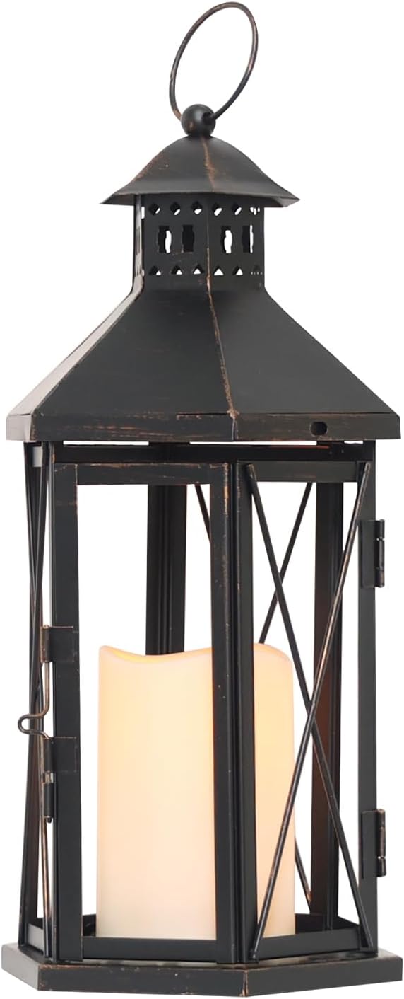 DECORKEY LED Lantern Decorative Indoor & Outdoor, 14" Vintage Hanging Lantern Holder for Porch with LED Candle Large Metal Outdoor Lantern for Patio, Front Porch, Christmas, Spring