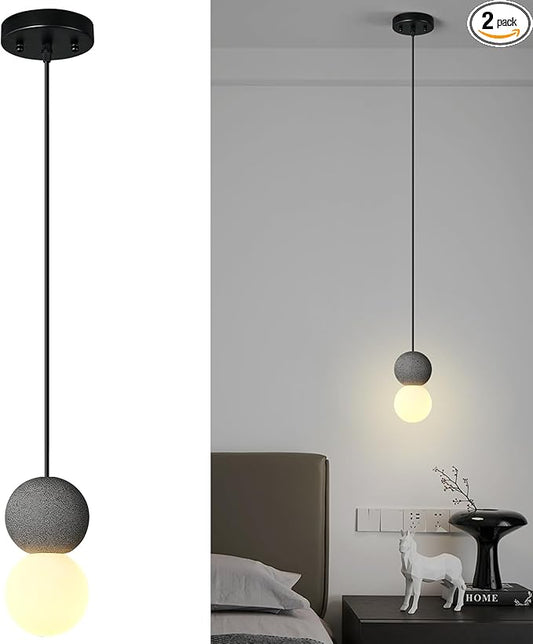 Modern Black 1-Light Concrete Pendant Light Kitchen Island Ceiling Light Fixture White Glass Globe Ball Pendant Lighting for Dining Room Coffee Club Resturant Bar Living Room(2-Pack)
