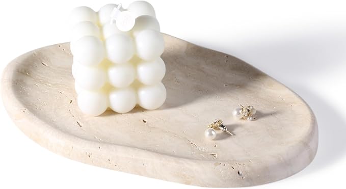 BCS Marble Jewelry Tray Trinket Dish, Decorative Cloud Vanity Key Tray for Women, Perfume Ring Holder Dish for Ring Earring, Cute Jewelry Plate Bowl Aesthetic Room Decor（Beige Travertine）