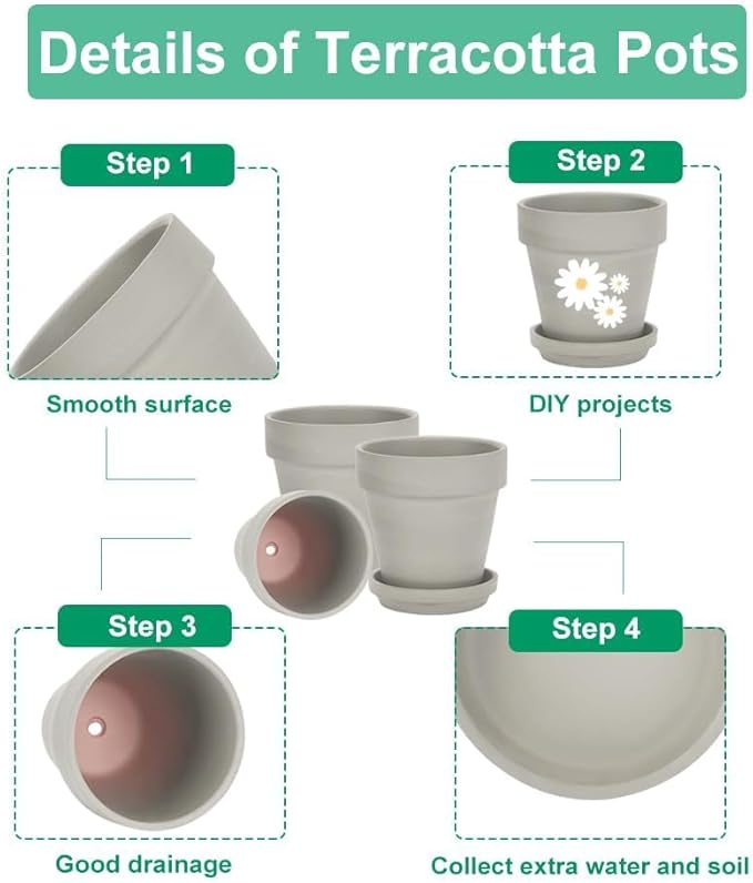 vensovo Grey Terracotta & Clay Pots with Saucer - 6 Pack 5 Inch Terra Cotta Pot Ceramic Pottery Planter Cactus Flowerpots Drainage Hole, Great for Plants, Crafts and Wedding Favor