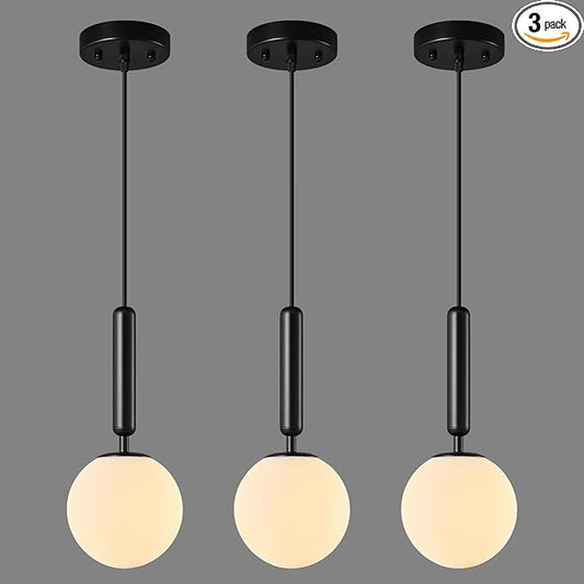 Modern Hanging Light Fixture Pendant Lighting for Kitchen Island Mid Century Black Pendant Lights with Globe Milky White Glass Pendant Light for Bedroom Bathroom Entryway (3 Pack)