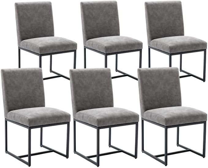 VESCASA Faux Leather Upholstered Dining Chairs with Black Metal Frame, Mid Century Modern Padded Kitchen Chair with Adjustable Foot Pads for Restaurant, Dining Room, Set of 6, Light Grey