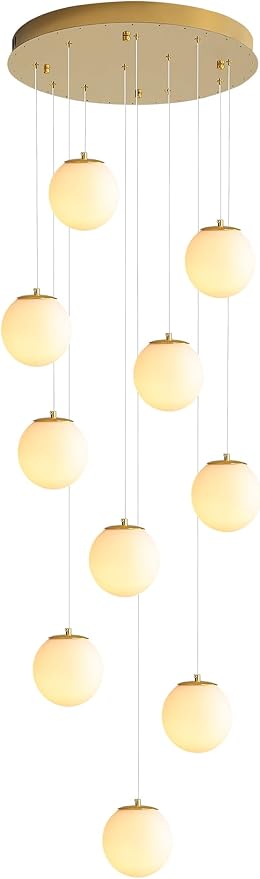 H118 Large Chandeliers for High Ceilings,12-Lights Mid Century Globe Chandelier Gold Modern Globe Pendant Light for Entryway Villas and Stairs