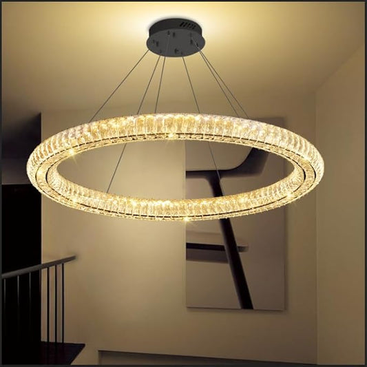 Dimmable LED 47.5" Large Ring Pendant Light Modern Black Crystal Chandelier Adjustable Round Crystal Chandelier Light for Dining Room Living Room